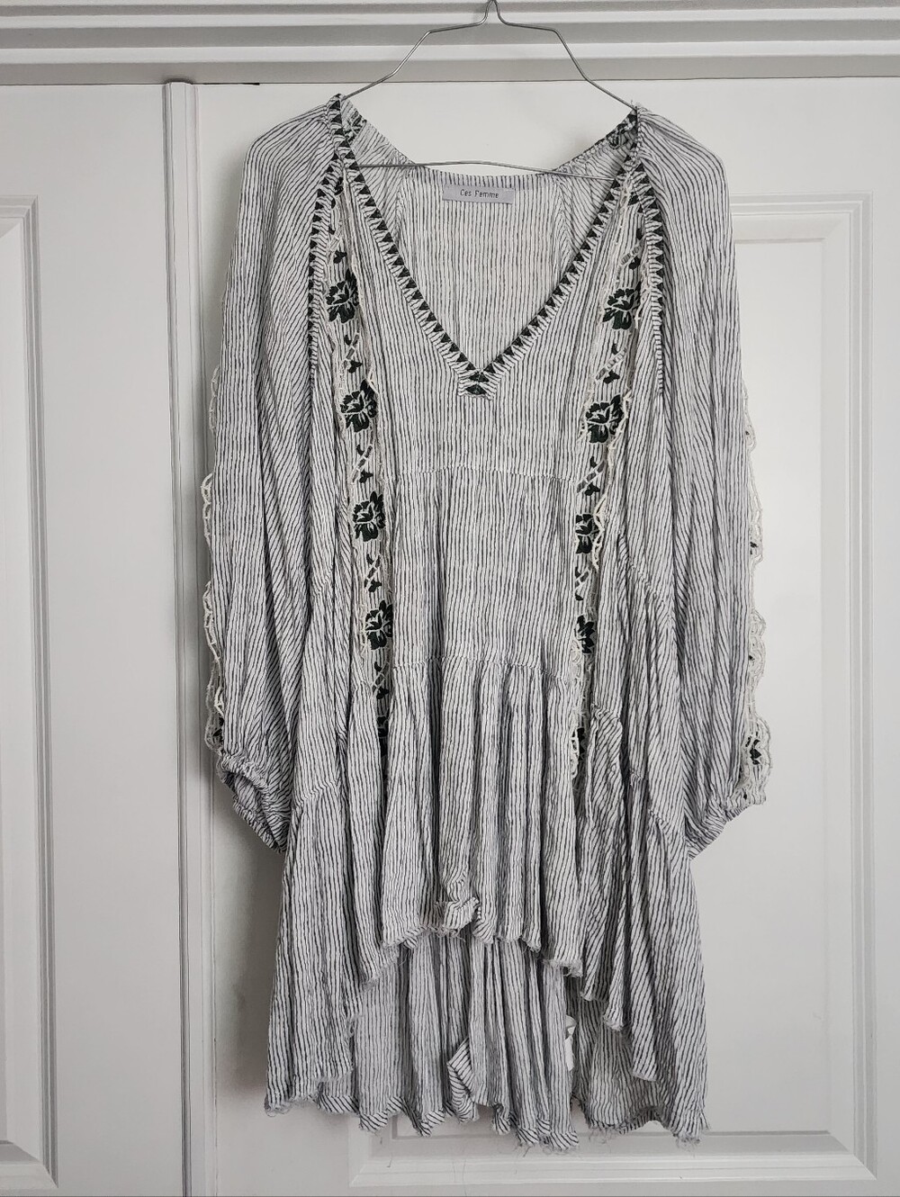 Ces Femme White and Black Striped Embroidered V-Neck Tunic